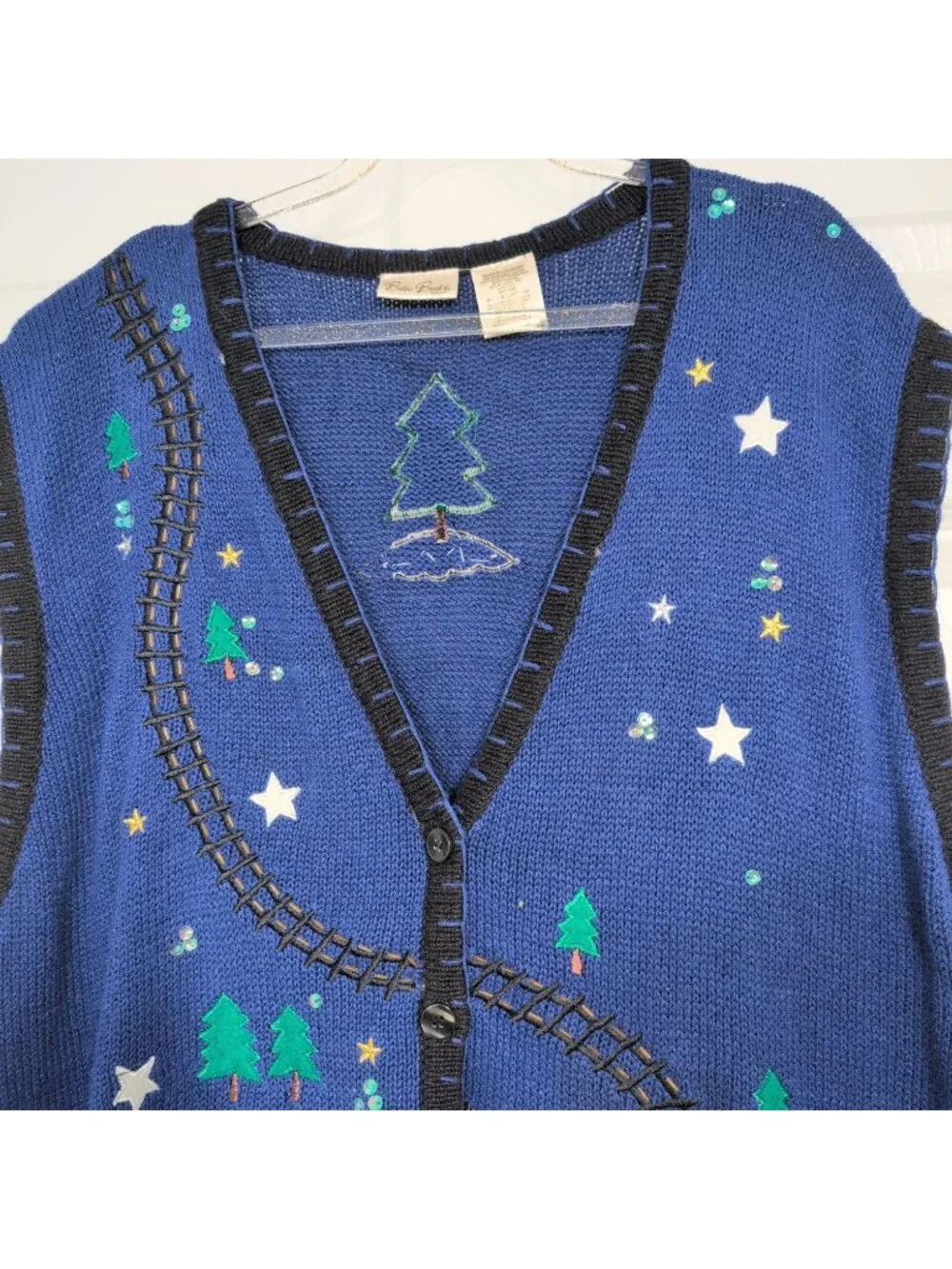 Vintage Santa Train Sweater Vest Womens Size 26/28W Blue Ugly Christmas Holiday